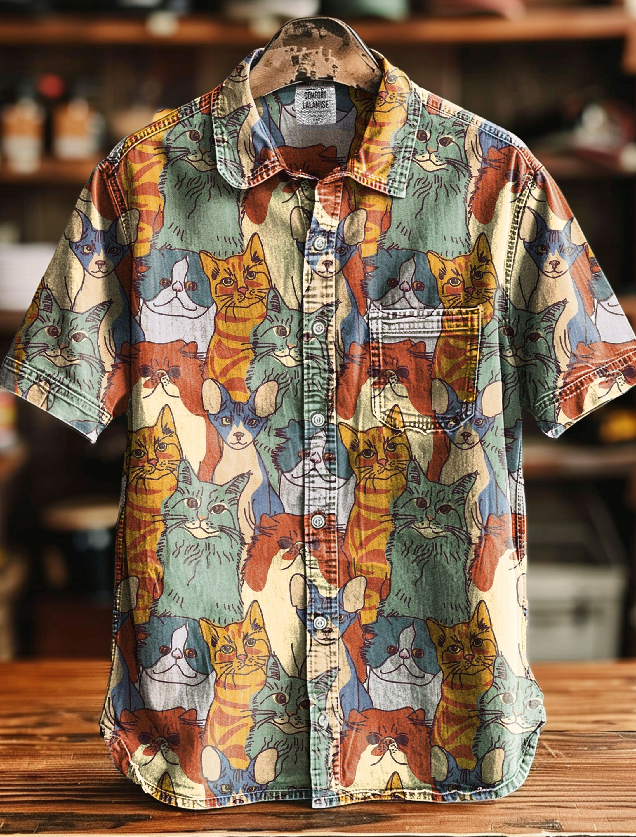 Vintage Cat Print Casual 100% Cotton Shirt