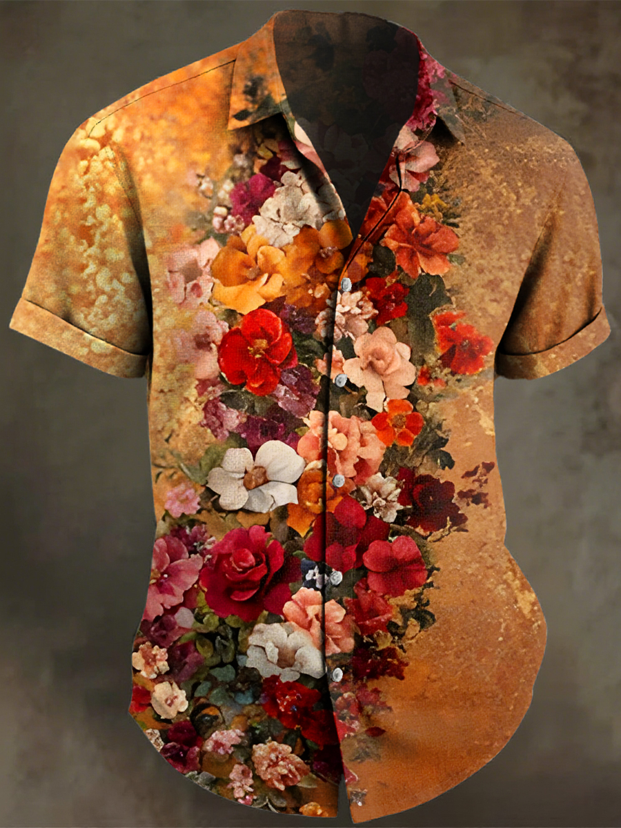 Vintage Multicolor Flowers Art Print Casual 100% Cotton Shirt