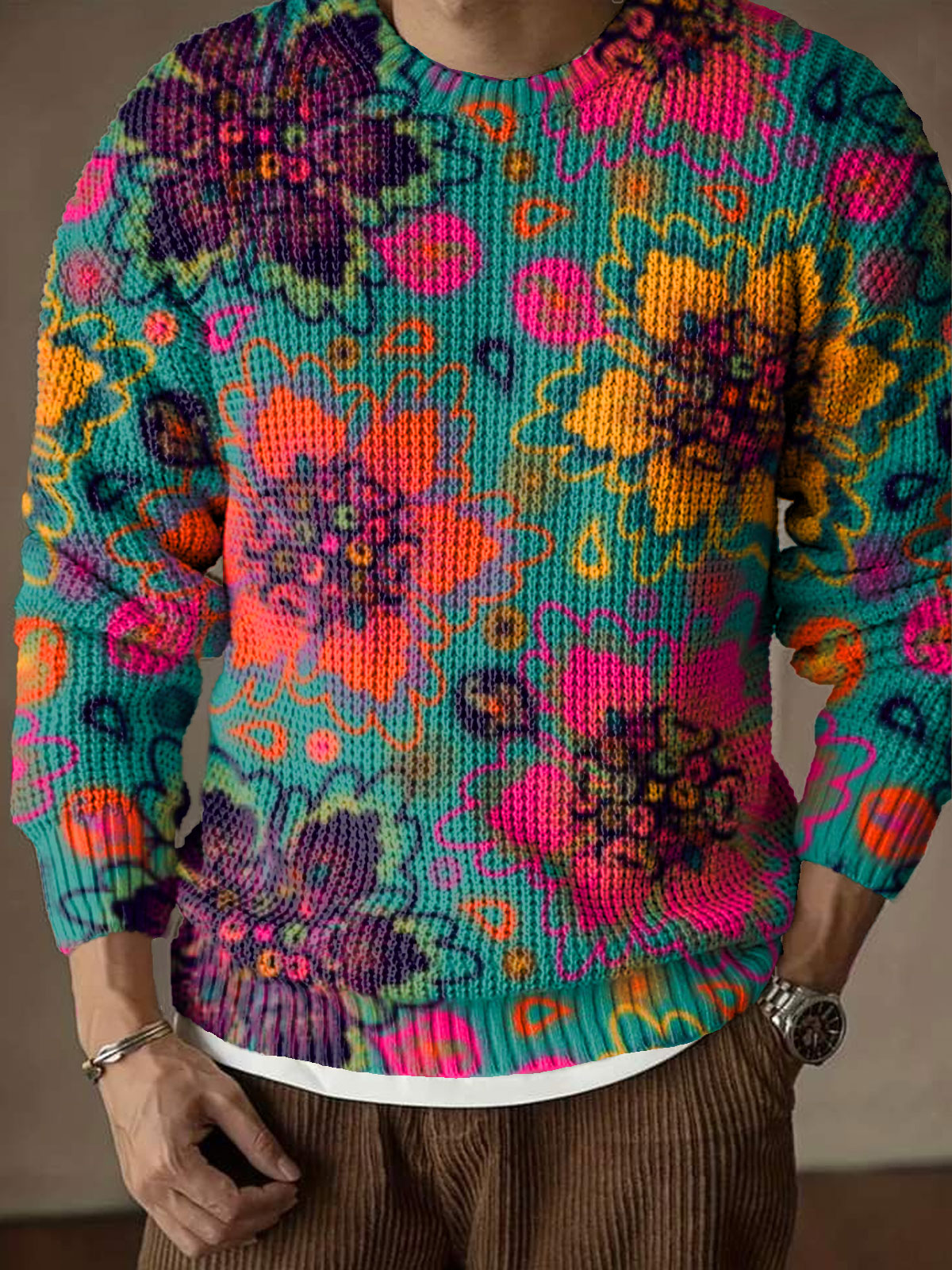 Vintage abstrct Floral Art Print Knit Pullover Sweater