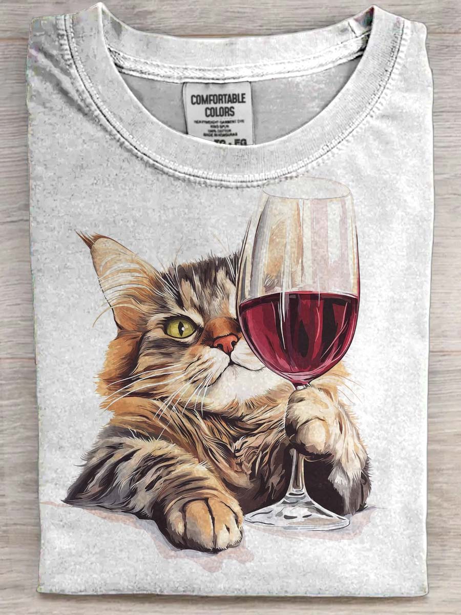 Funny Red Wine Cat Print Casual Short Sleeve T-Shirt