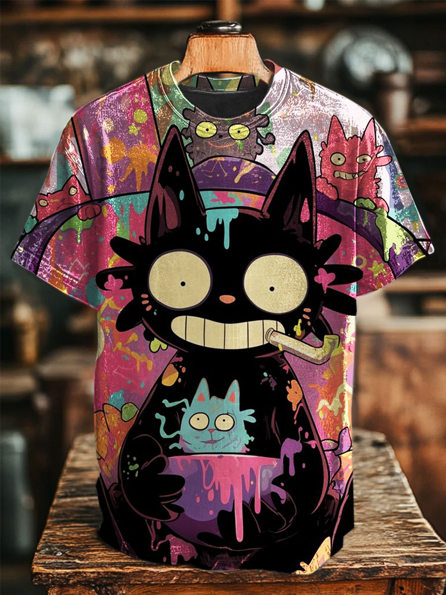 Art Cat Print Casual Top