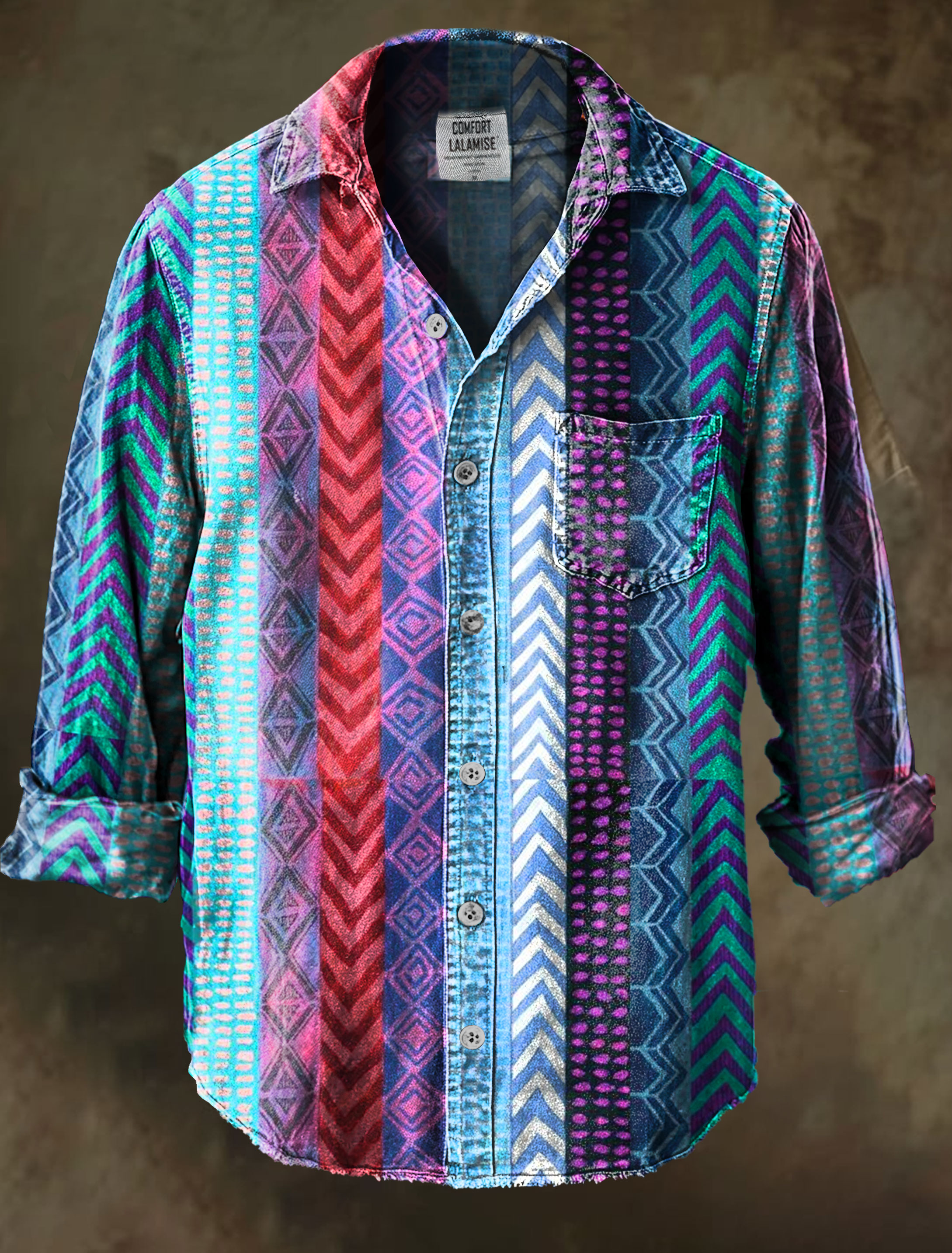 Multicolor Stripe Art Print 100% Cotton Long Sleeve Shirt