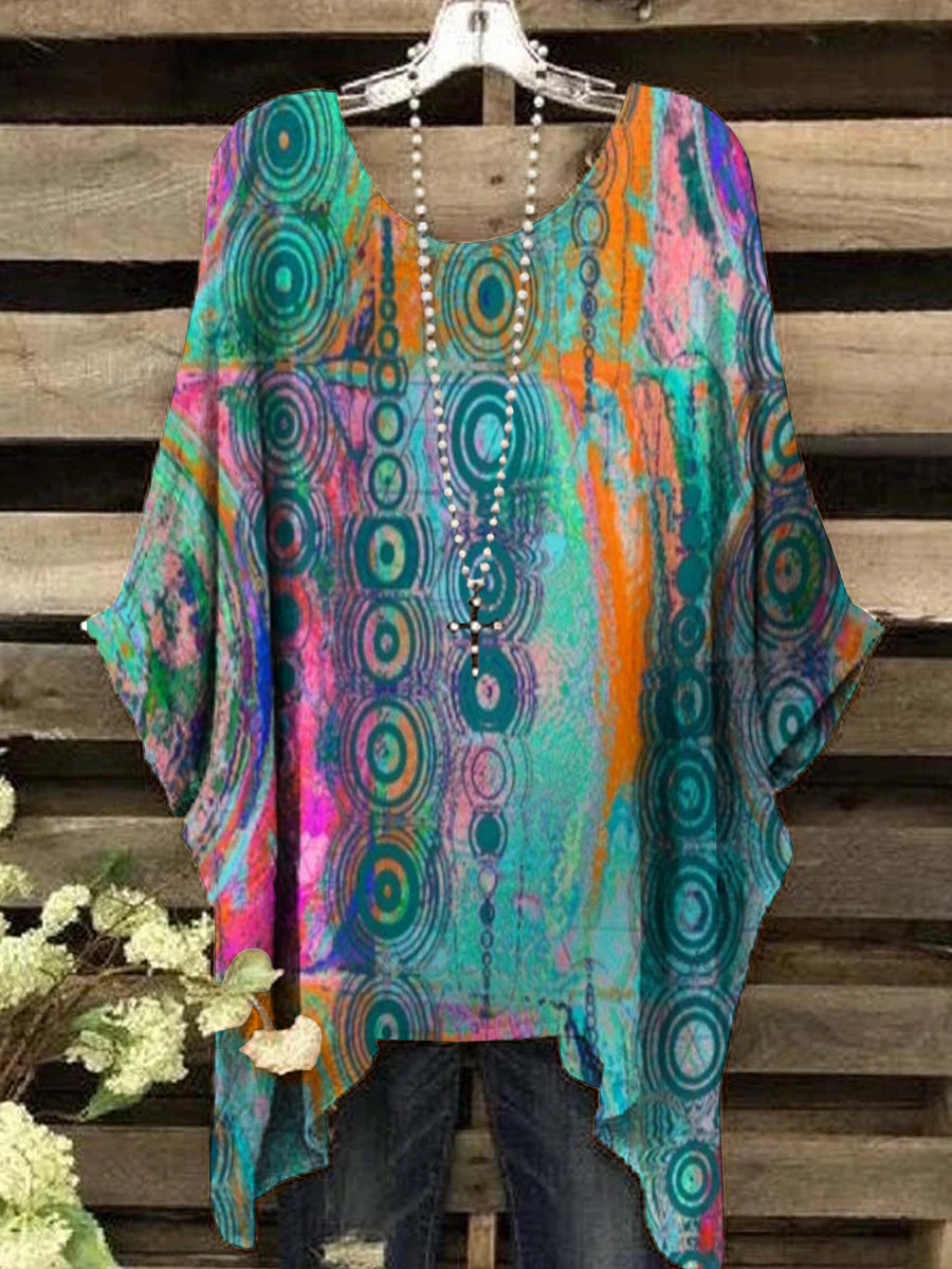 Women's Vintage Colorful Irregular Pattern Round Neck Top