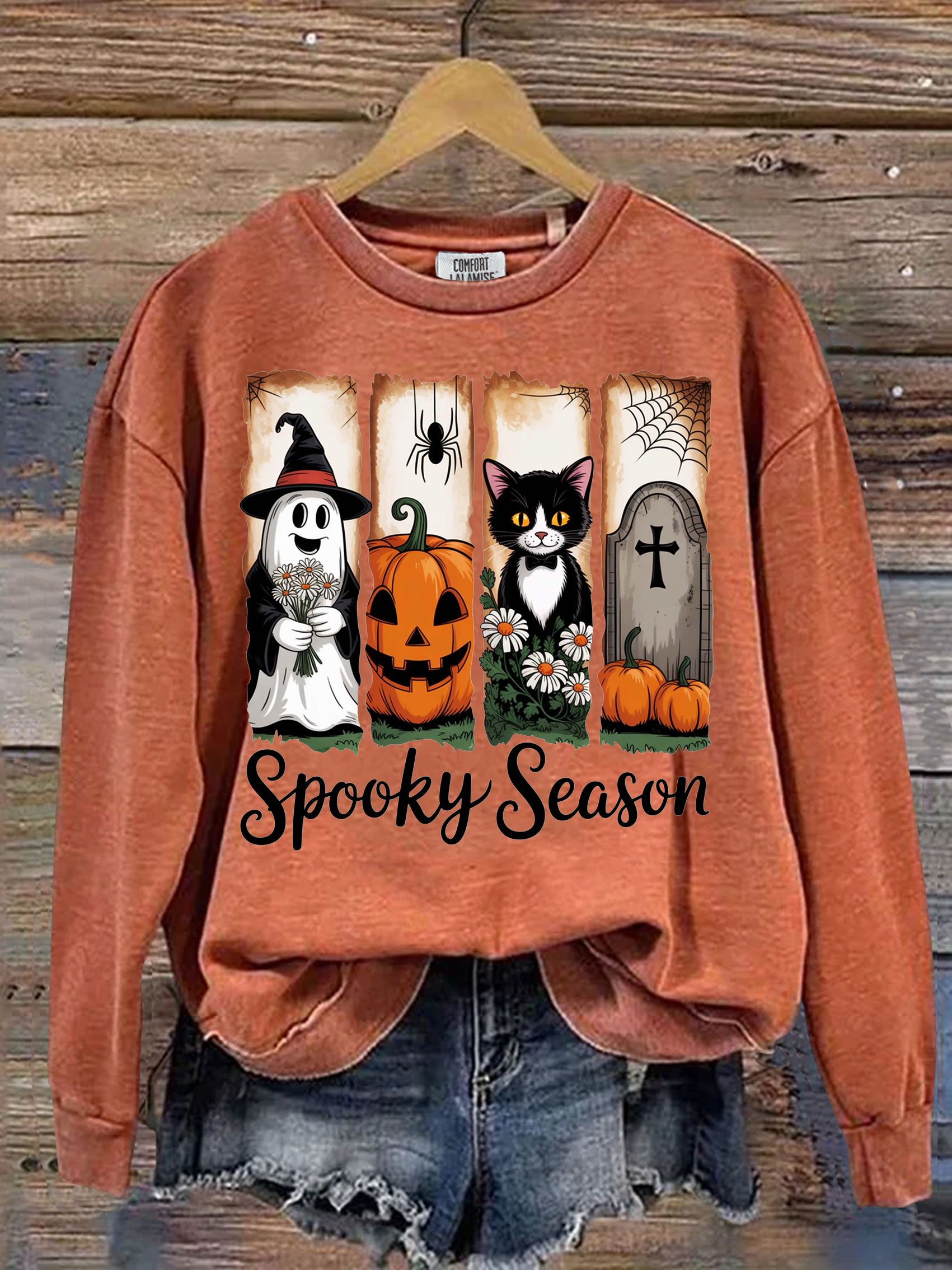 Spooky Season Ghost Pumpkin Coquette Bow Vintage Halloween Print Casual Sweatshirt