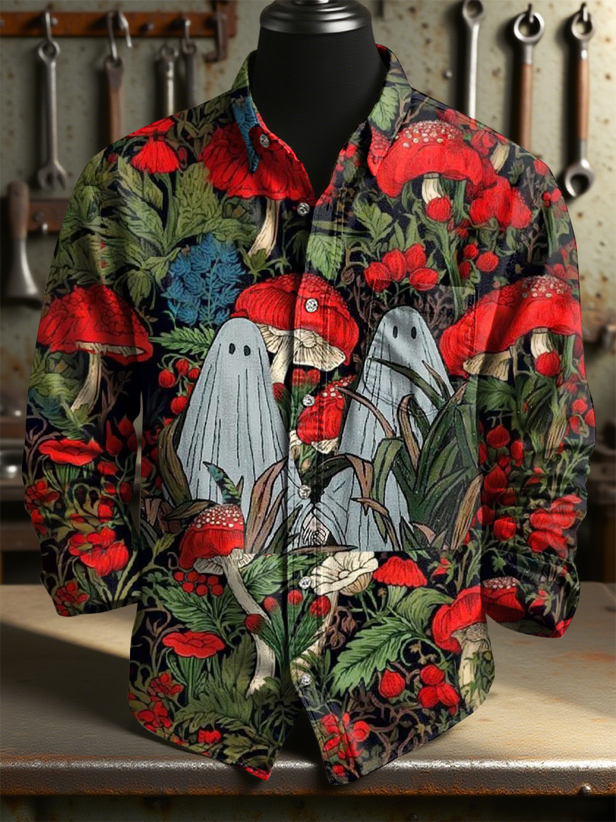 Retro Mushrooms Ghost Art Print 100% Cotton Long Sleeve Shirt