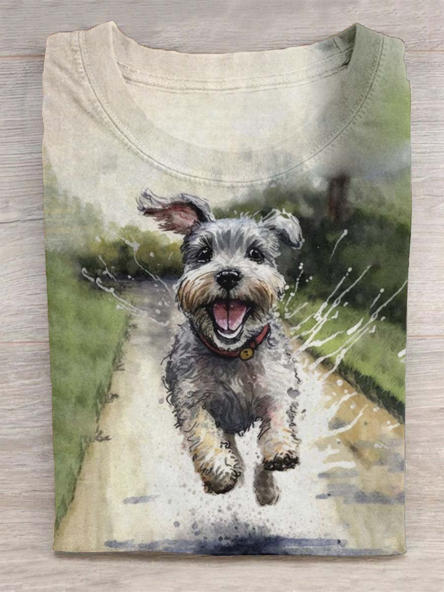 Dog Running in Water Print Design T-shirt