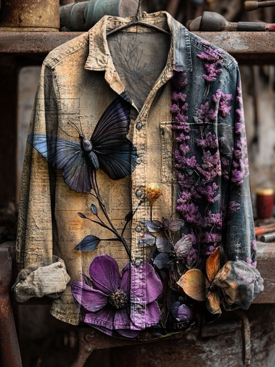 Vintage Print 100% Cotton Long Sleeve Shirt