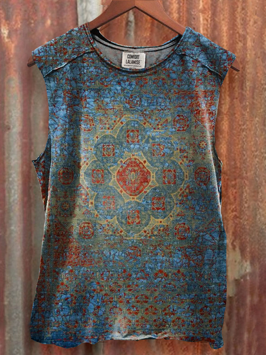 Vintage Abstract Ethnic Floral Print 100% Cotton Casual Tank Top
