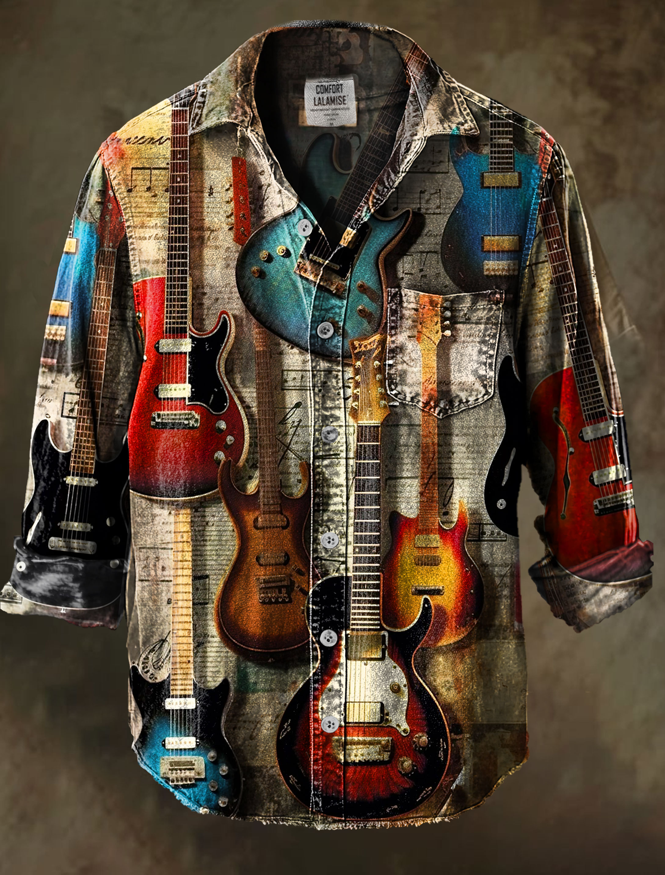 Vintage Guitar Music Rock and Roll Art Print 100% Cotton Long Sleeve Shirt