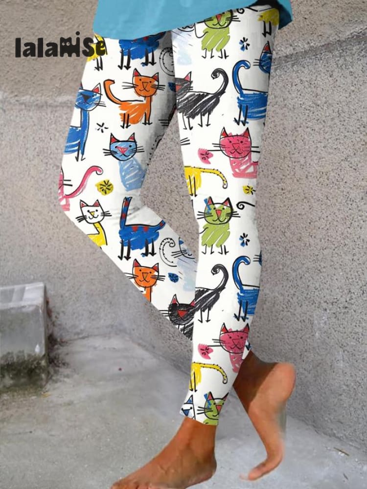 Women's Cute Kid Drawing Cat Print Casual Stretch Pants