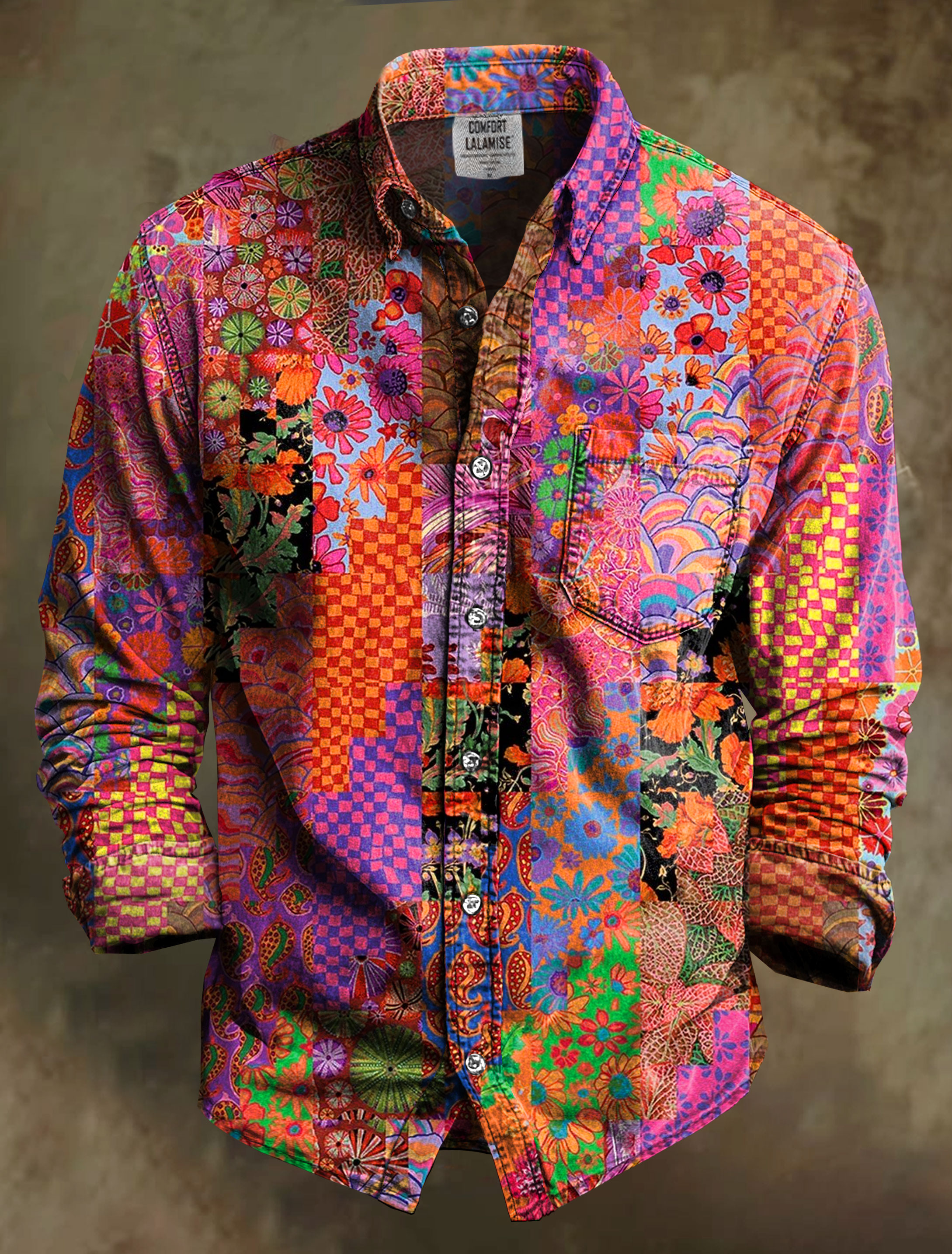 Vintage Floral Patchwork Art Print 100% Cotton Long Sleeve Shirt