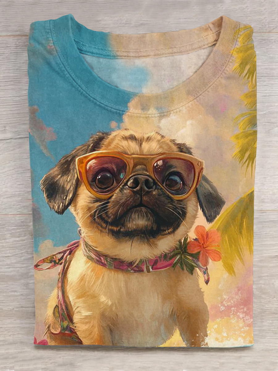 Dog Art Printed Crew Neck Short Sleeve T-Shirt