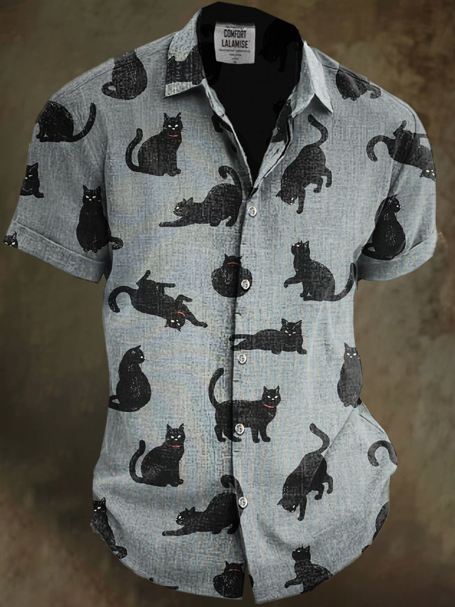 Black Cat Art Print Casual Cotton And Linen Shirt