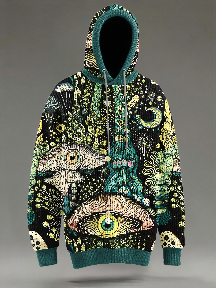 Vintage Psychedelic Forest Mushroom Eye Art Print Knit Pullover Hooded Sweater