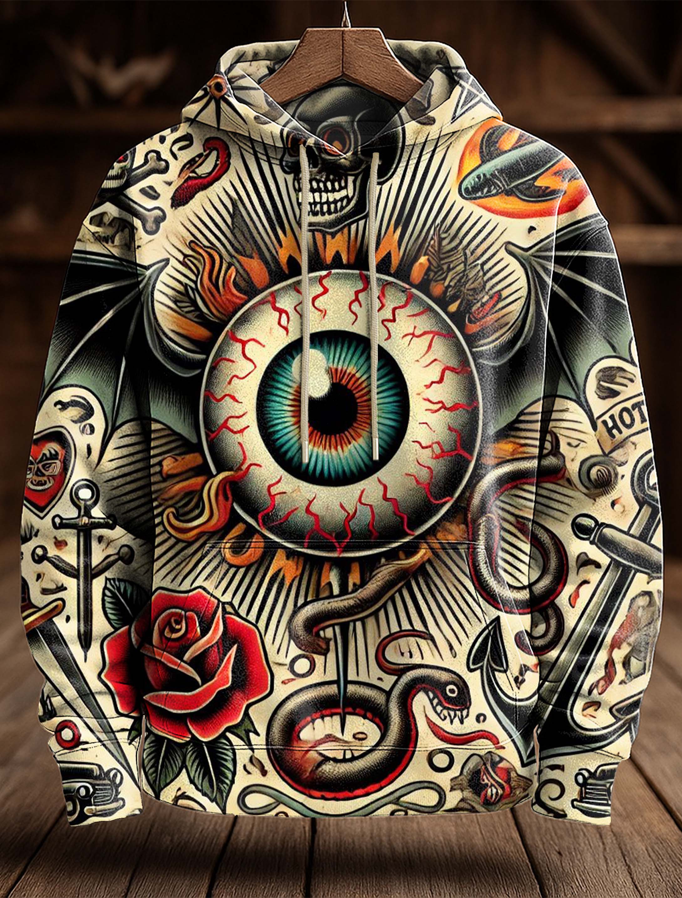 Evil Eye Rose Skull Tattoo Art Print Casual Hooded Sweatshirt