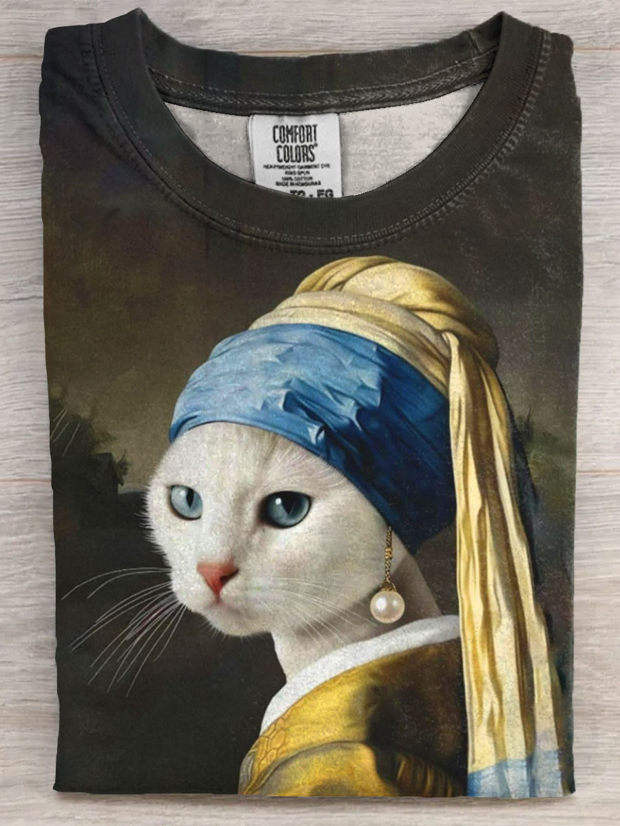 Vintage Funny Cat Art Print Casaul Short Sleeve T-shirt