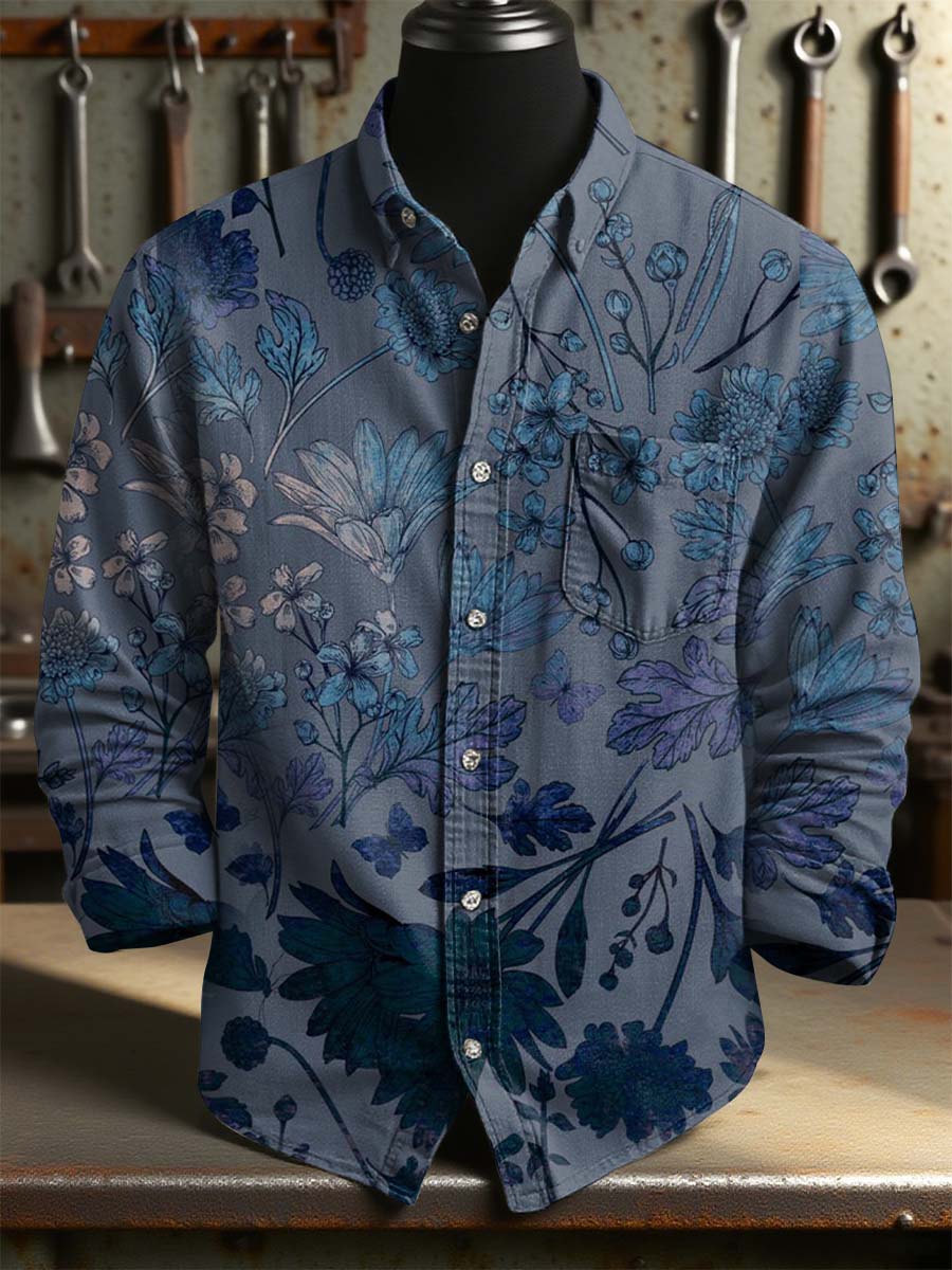 Retro Blue Gradient Floral Print 100% Cotton Long Sleeve Shirt