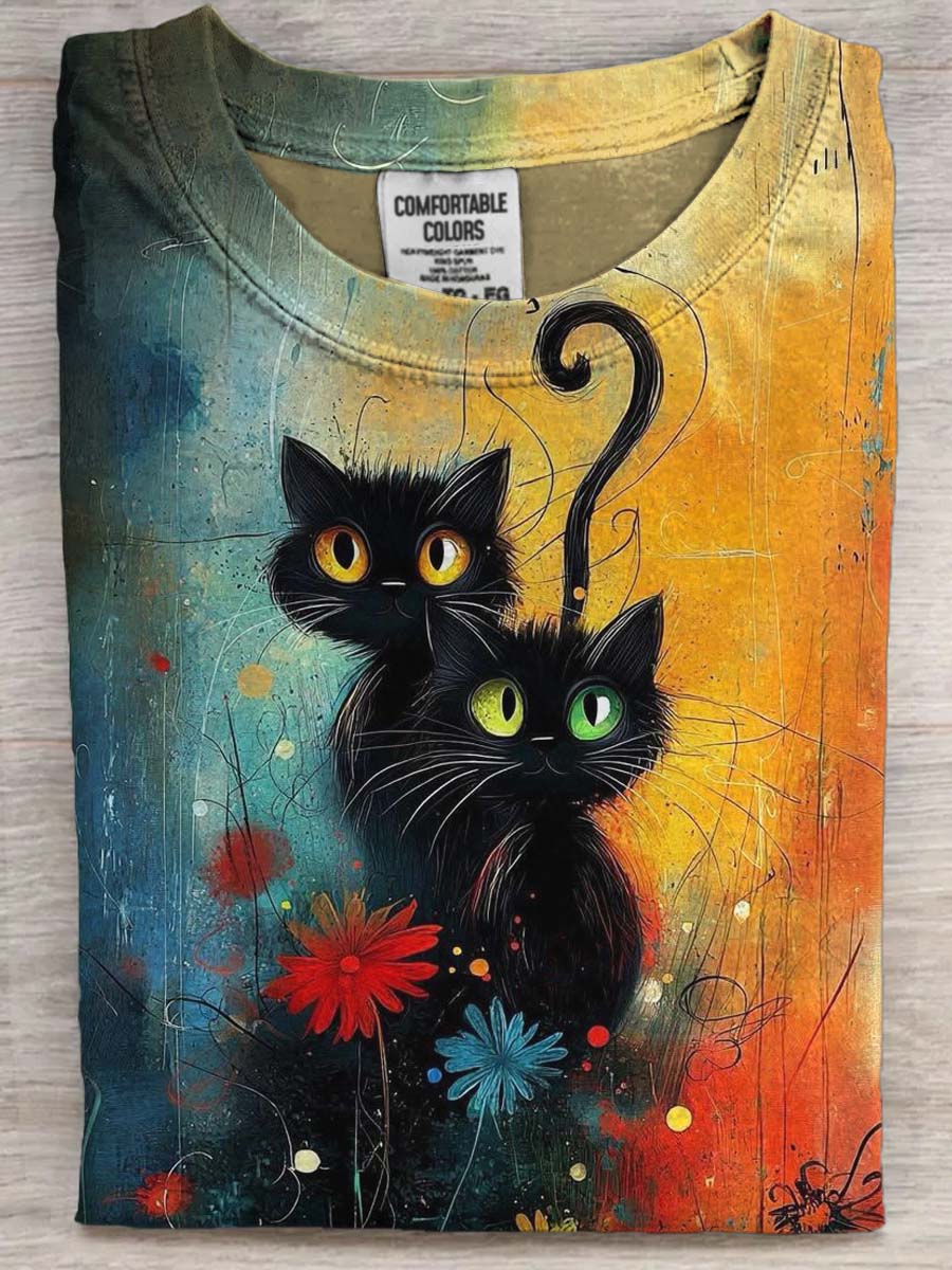 Cute Oil Painting Cat Floral Print Casual Short Sleeve T-Shirt