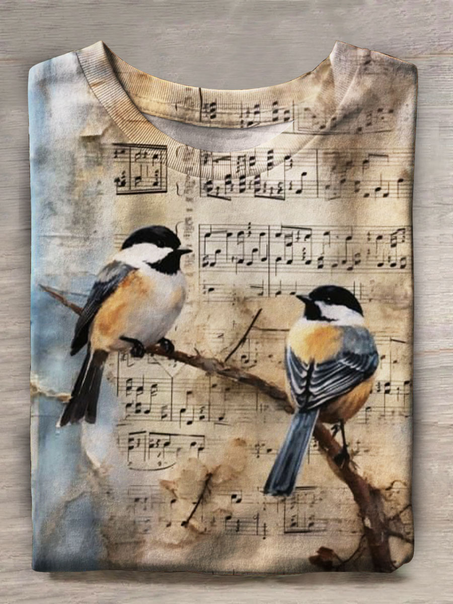 Musical Bird Prints Casual T-shirt