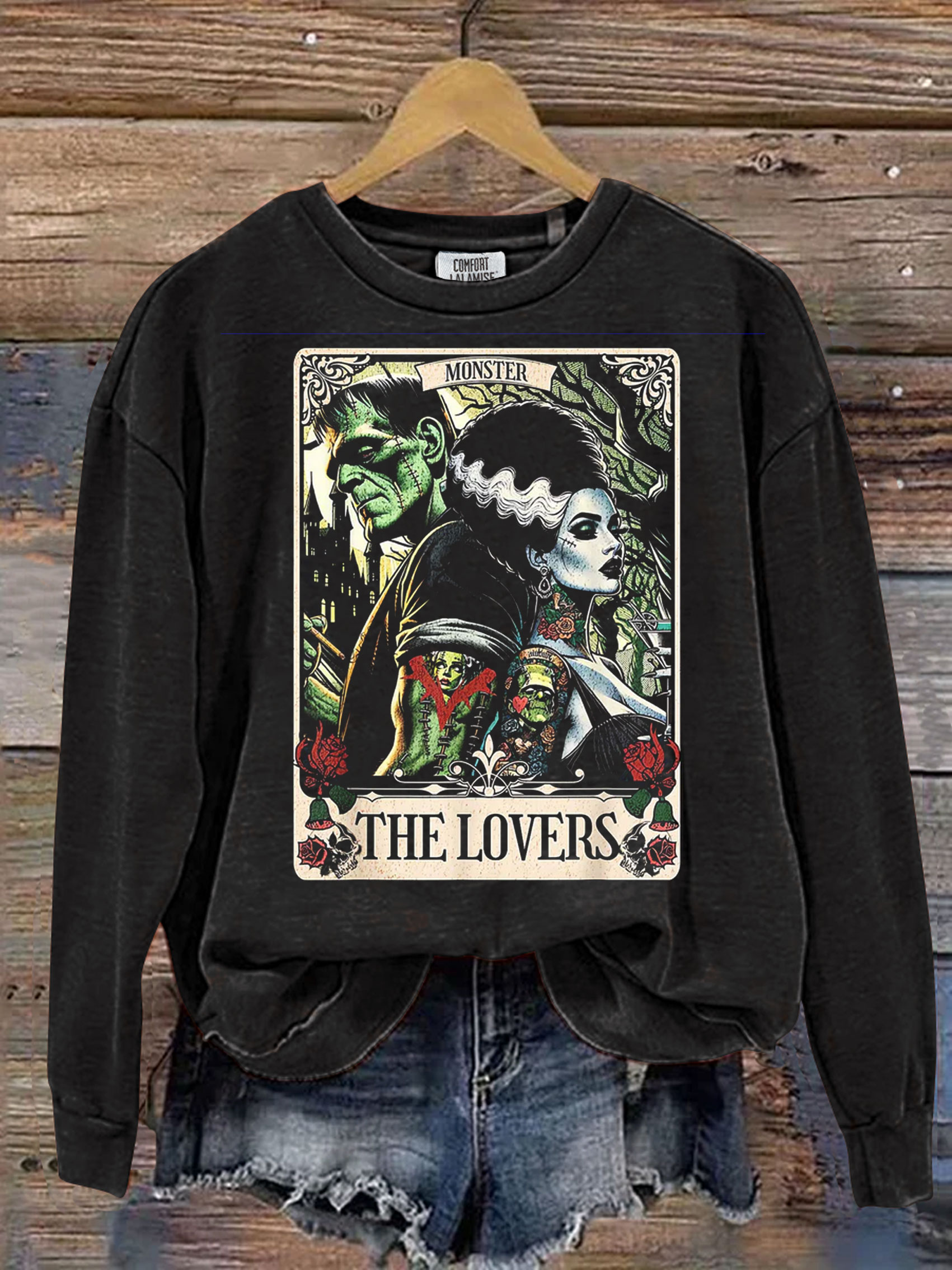 The Monster Frankenstein And Bride The Lovers Tarot Card  Print Casual Sweatshirt