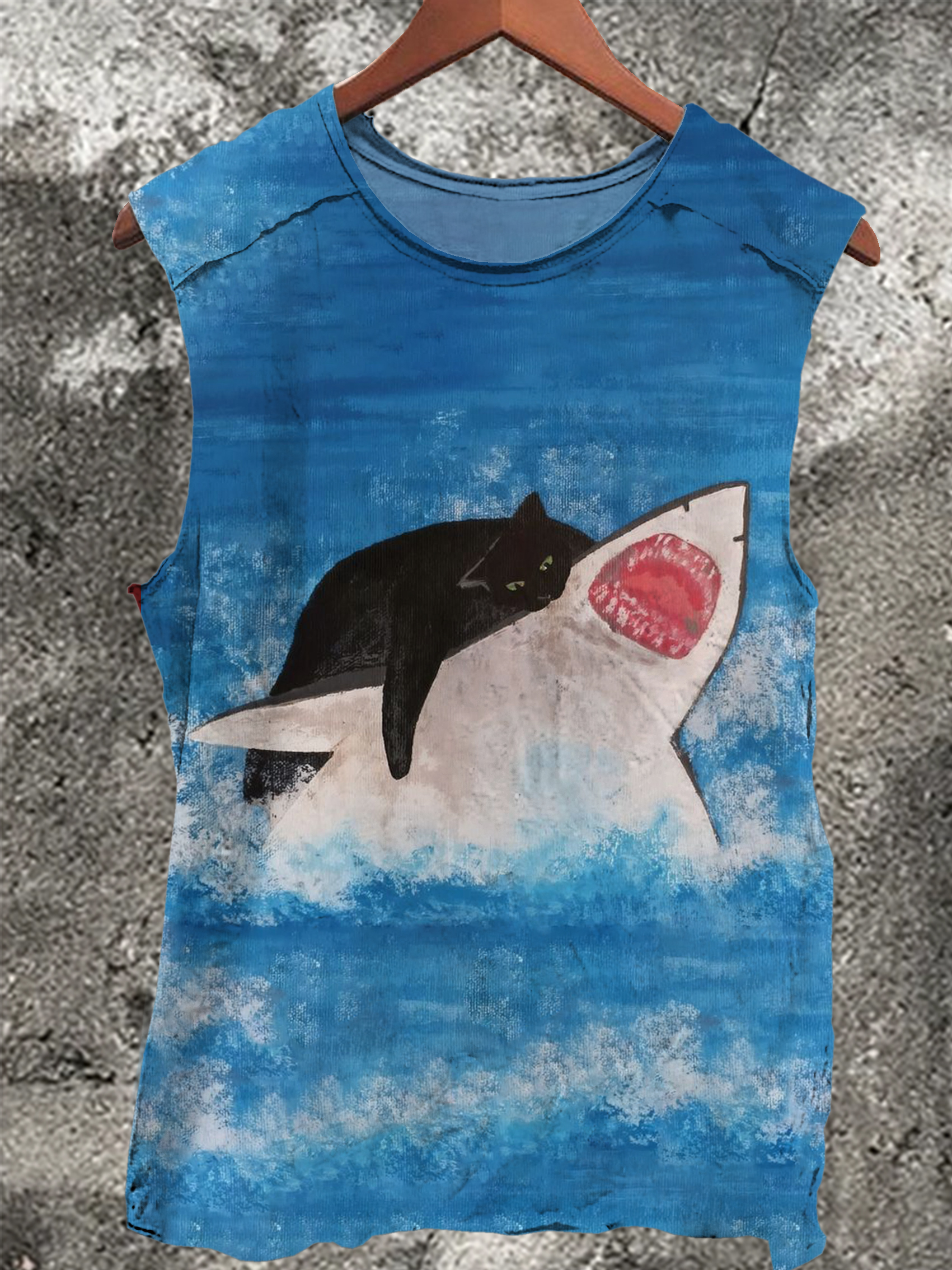 Vintage Cat Eat Shark Art Print 100% Cotton Casual Tank Top