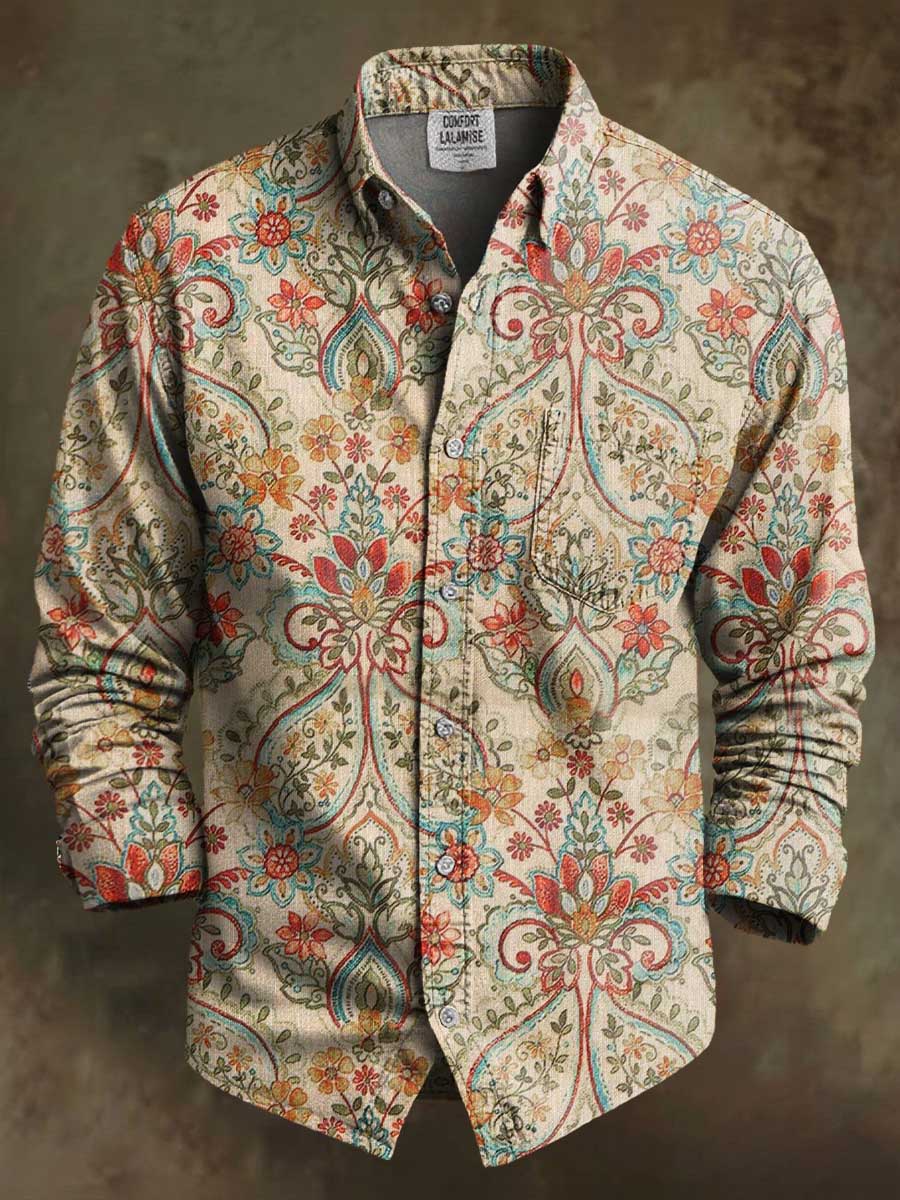 Vintage Floral Paisley Print 100% Cotton Long Sleeve Shirt