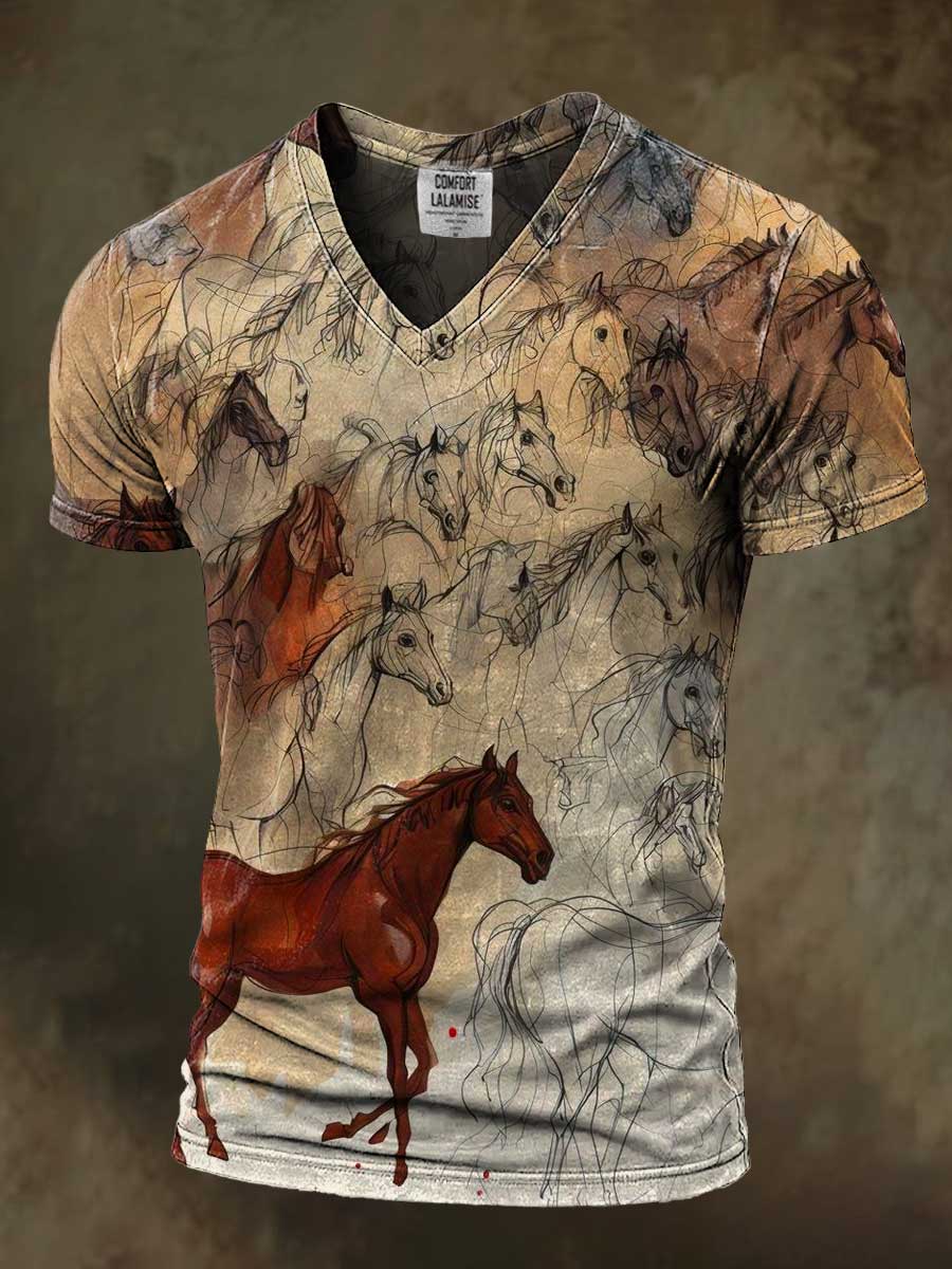 Retro Horse Art Print Casaul Short Sleeve V-neck T-shirt