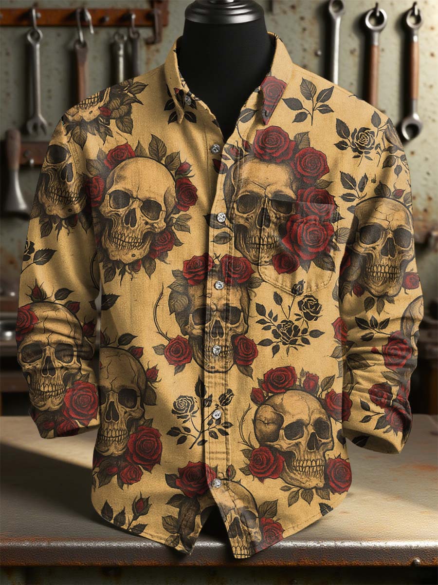 Vintage Skeleton Rose Art Print 100% Cotton Long Sleeve Shirt
