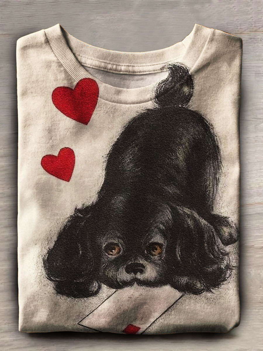 Valentine's Day Dog Print Casual Short Sleeve Top