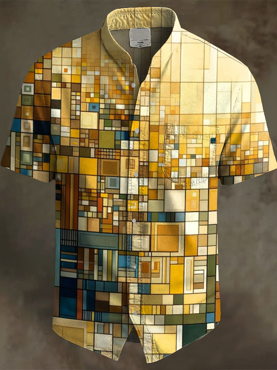Vintage Abstract Art Geometric Lattice Multicolor Print Casual 100% Cotton Shirt