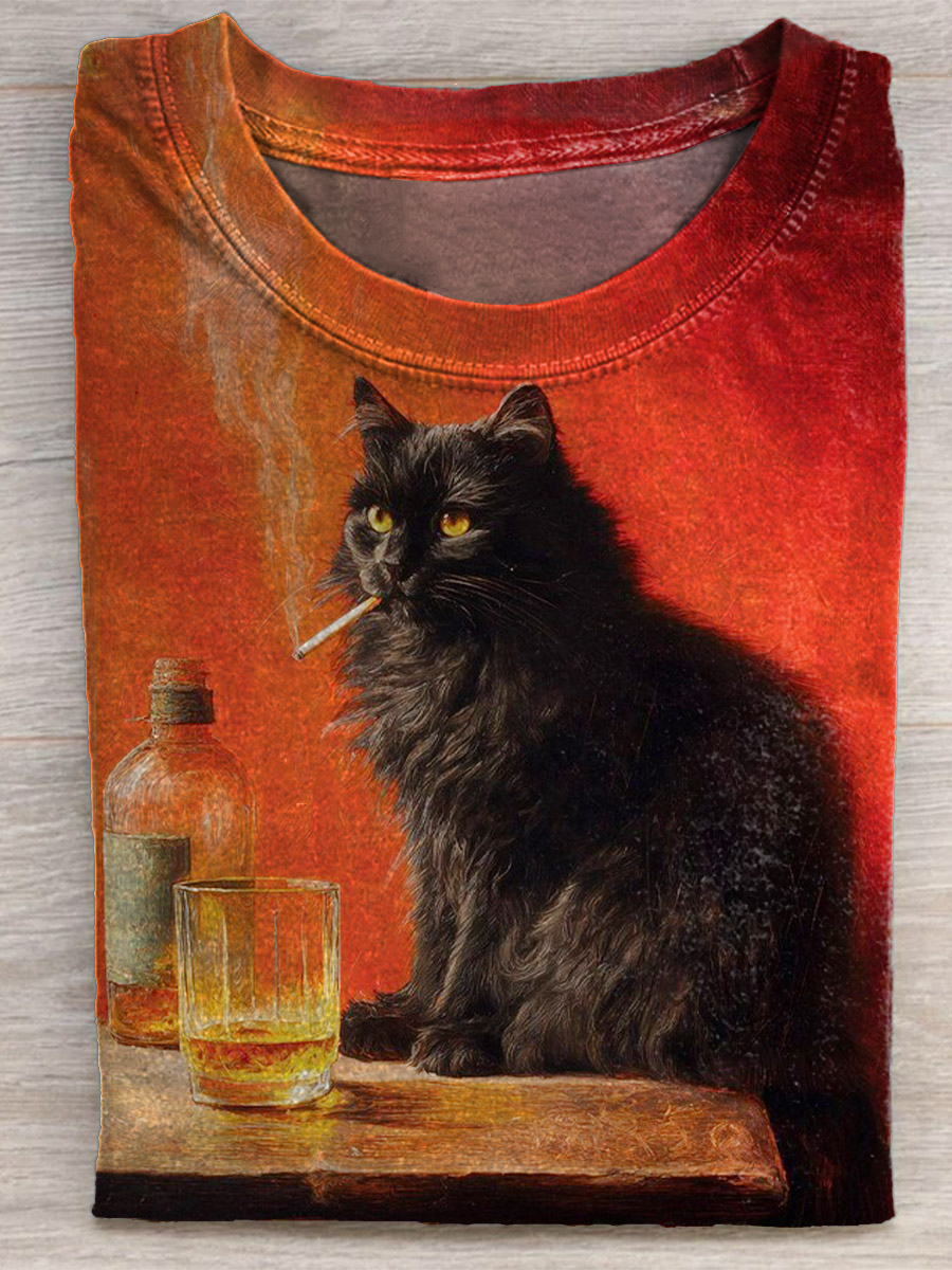 Funny Smoke Cat Print Casual T-shirt
