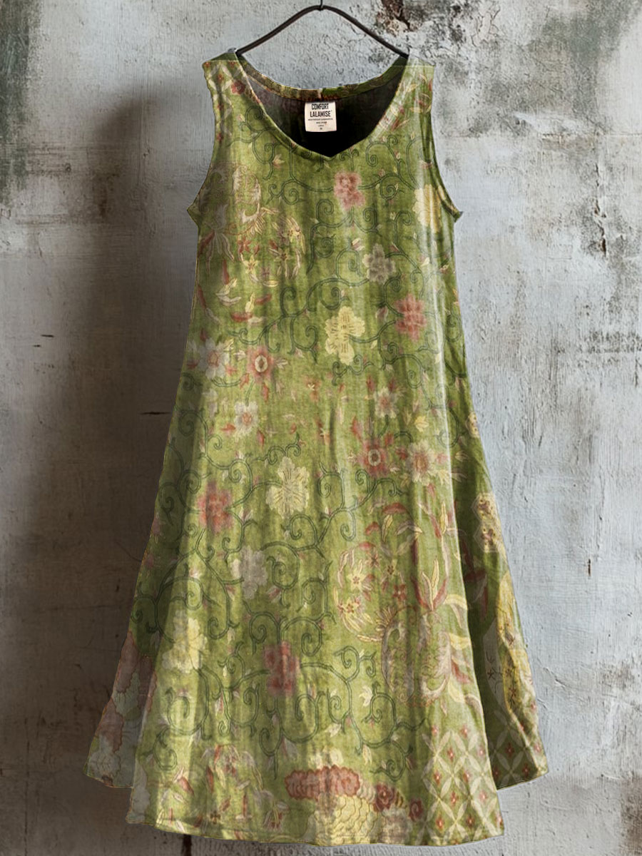 Women's Vintage Floral Art Print V-neck Pocket Cotton Dress