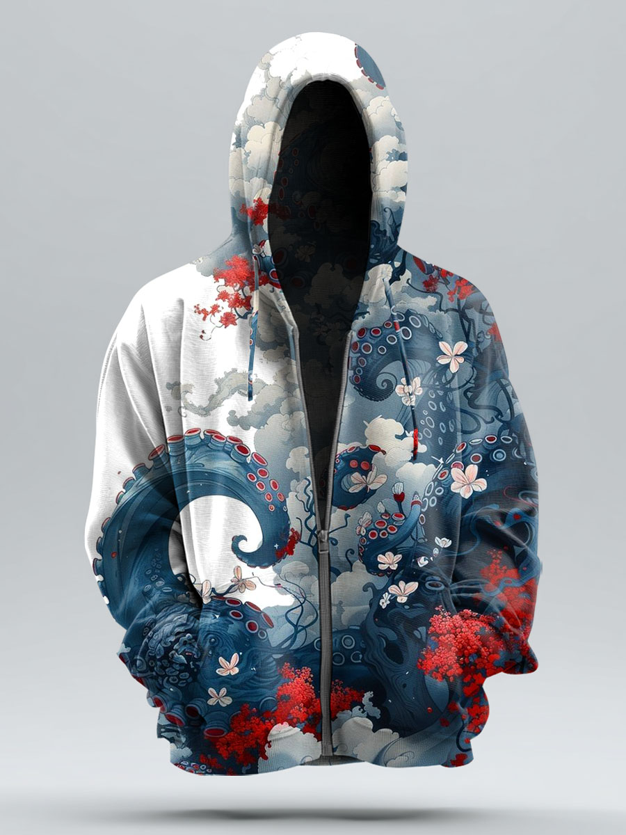 Multicolor Retro Japanese Ocean Octopus Flowers Print Casual Zip Hoodie Sweatshirt