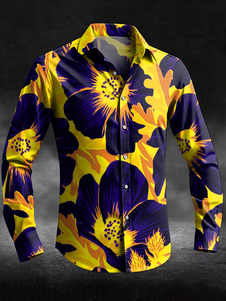 Retro Floral Art Print 100% Cotton Long Sleeve Shirt