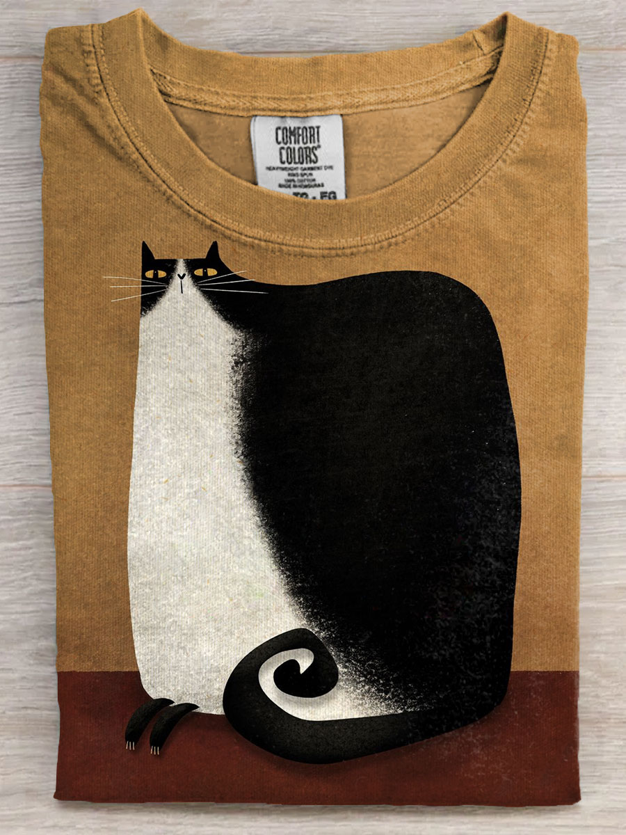 Abstrct Cute Fat Cat Art Print Casaul Short Sleeve T-shirt