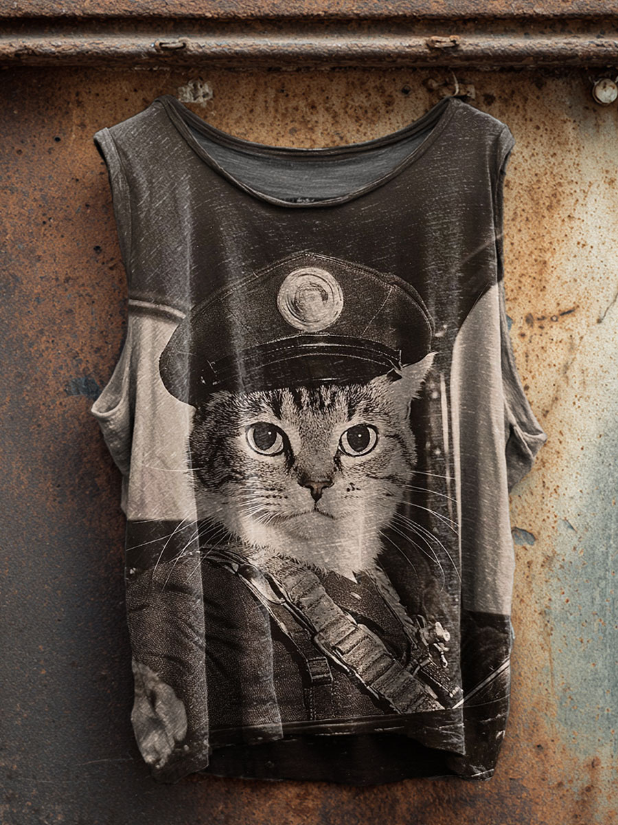 Police Cat Print 100% Cotton Casual Tank Top