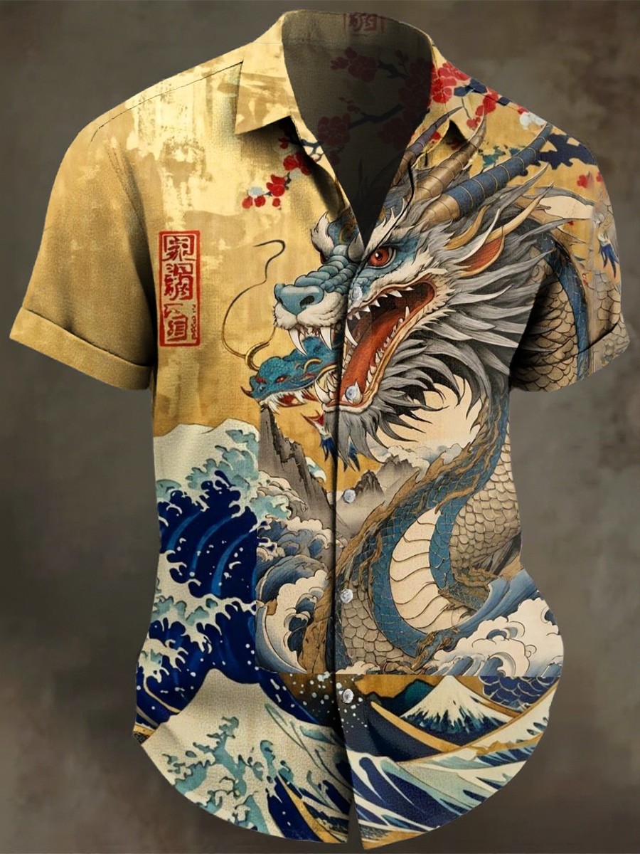 Retro Japanese Ukiyo-e Dragon Art Print Casual Cotton And Linen Shirt