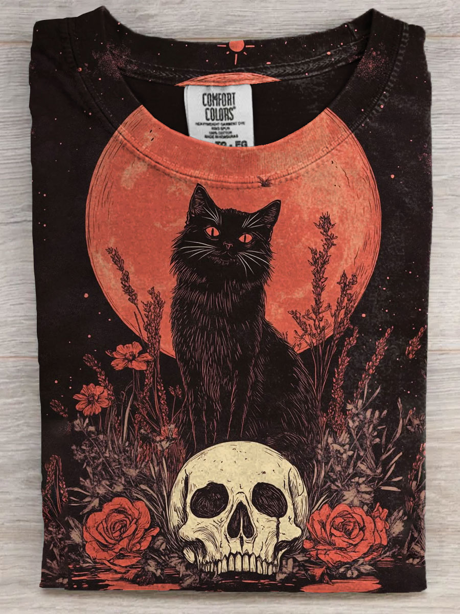 Cat And Skull Dark Art Print Casaul Short Sleeve T-shirt