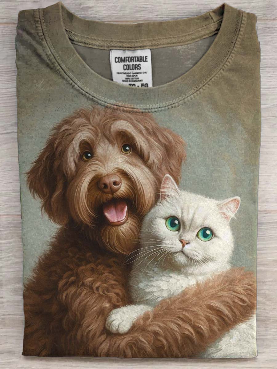 Cute Puppy Cat Headshot Printed Casual Short Sleeve T-Shirt