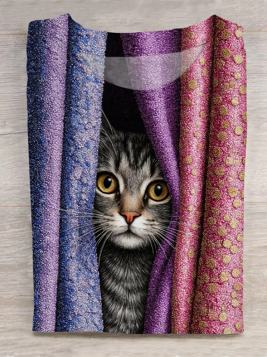 Cat Art Printed Crew Neck Short Sleeve T-Shirt