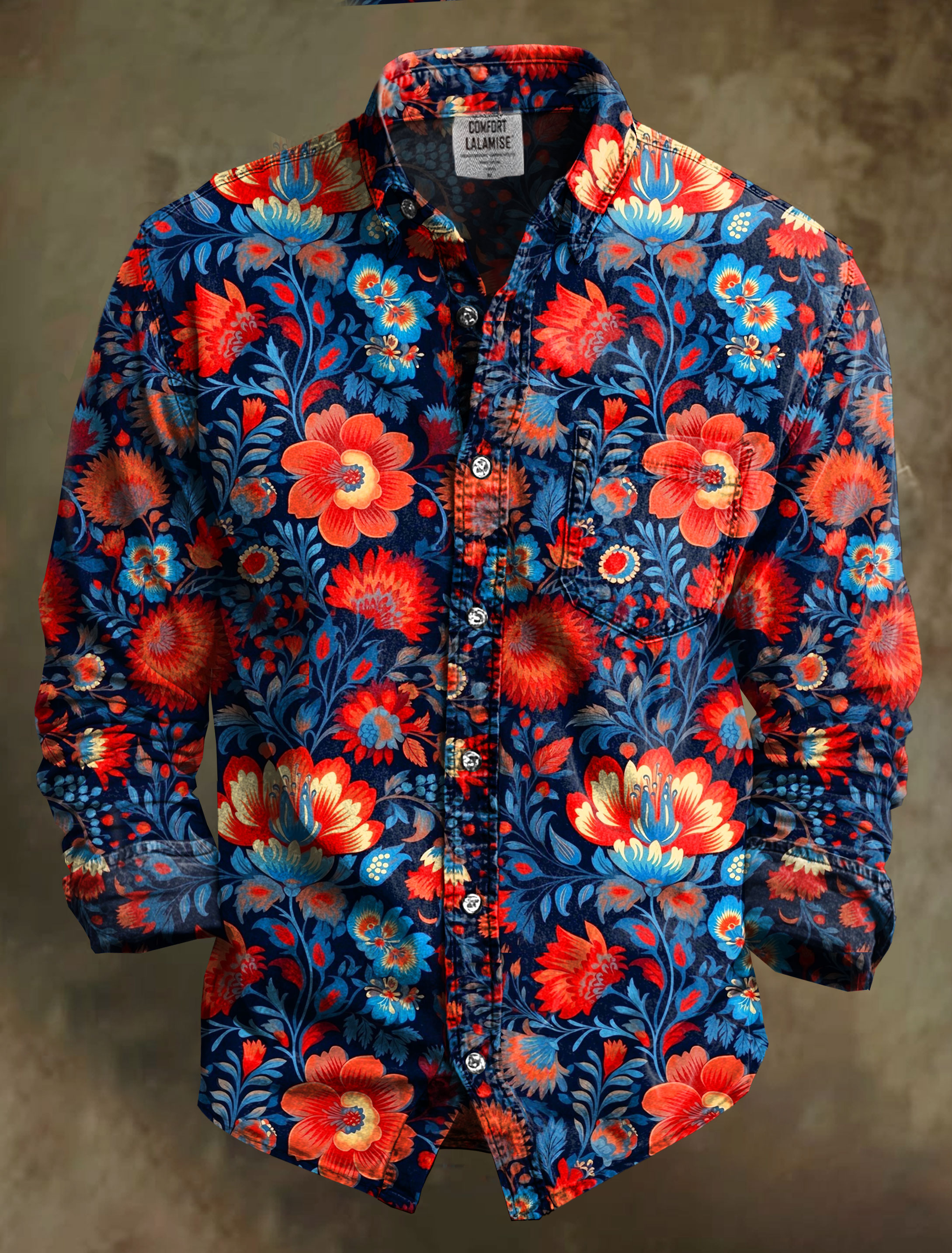 Vintage Flower Art Print 100% Cotton Long Sleeve Shirt