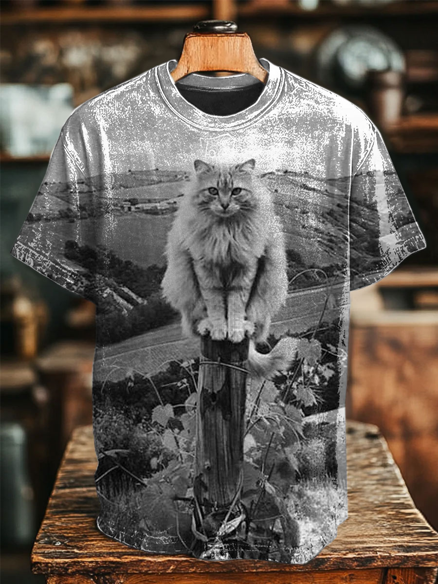 Vintage Cat Print Casual Top