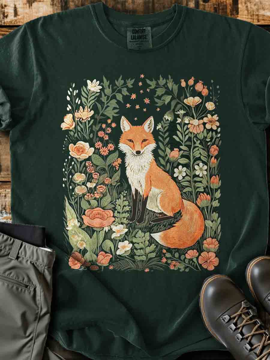 Vintage Floral  Fox Art Print Casaul Short Sleeve T-shirt