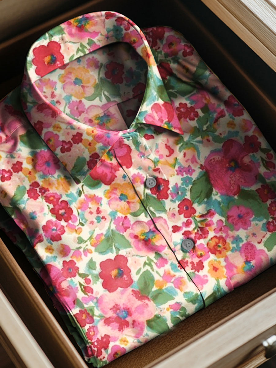 Vintage Floral Print Casual 100% Cotton Short Sleeve Shirt