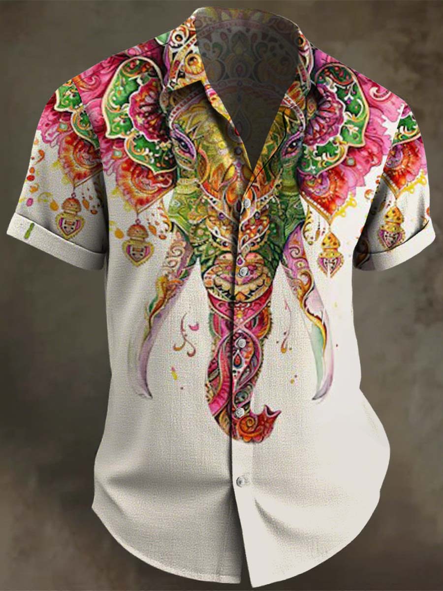 Vintage Indian Royal Elephant Ganesh Ganesha Art Print Casual 100% Cotton Shirt
