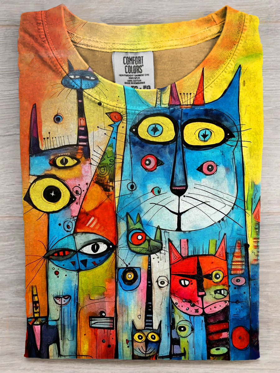 Abstrct Cat Famliy Art Print Casaul Short Sleeve T-shirt