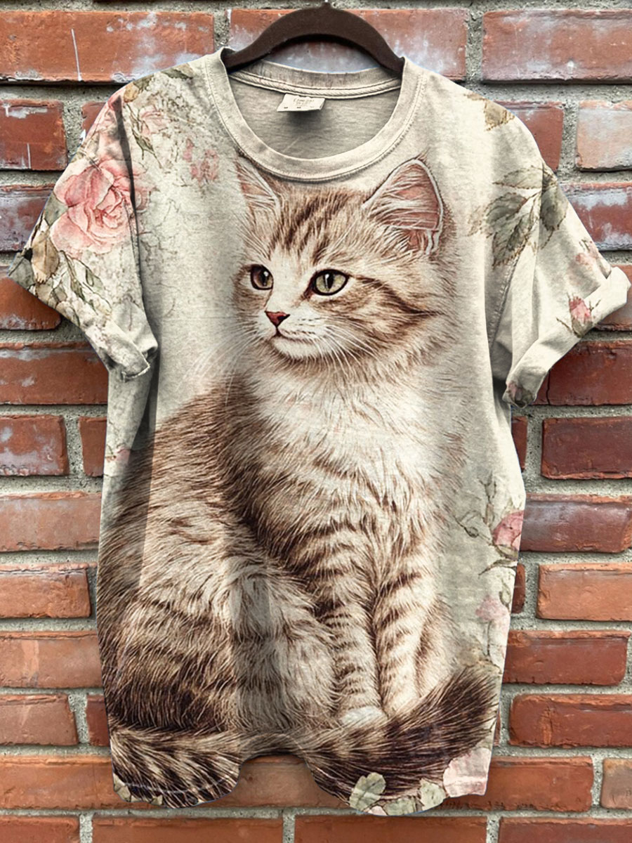Vintage Cat Art Prints Casual T-shirt