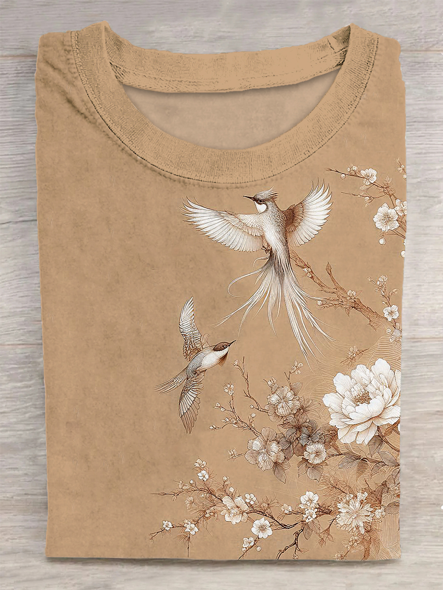 Flowers And Birds Printed Vintage Fashion Loose Short Sleeve T-Shirt