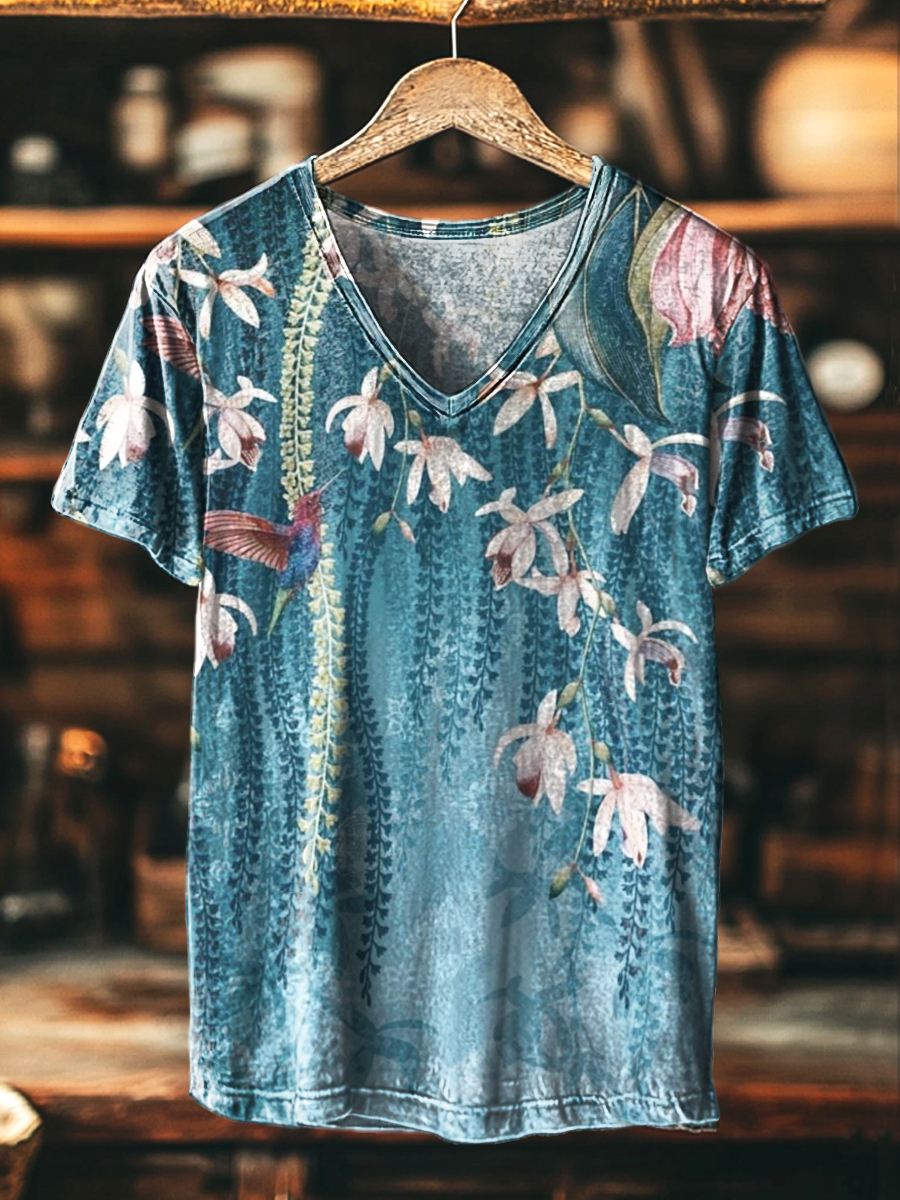 Vintage Abstract Botanical Floral Art Print Casual V-Neck T-Shirt