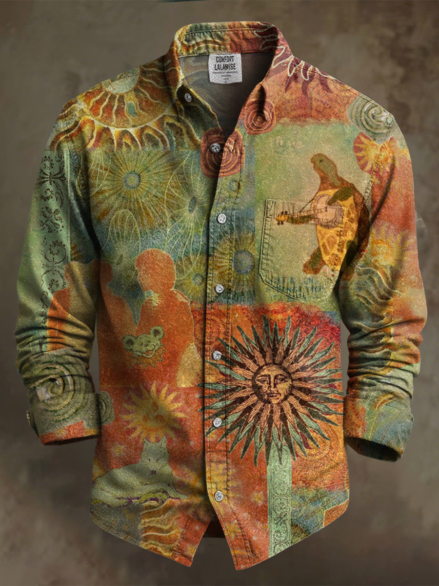 Vintage Multicolor Pattern Art Print 100% Cotton Long Sleeve Shirt